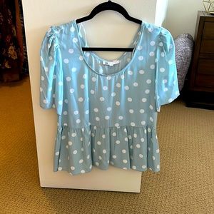 New balloon sleeve, light blue polka dot peplum dress shirt